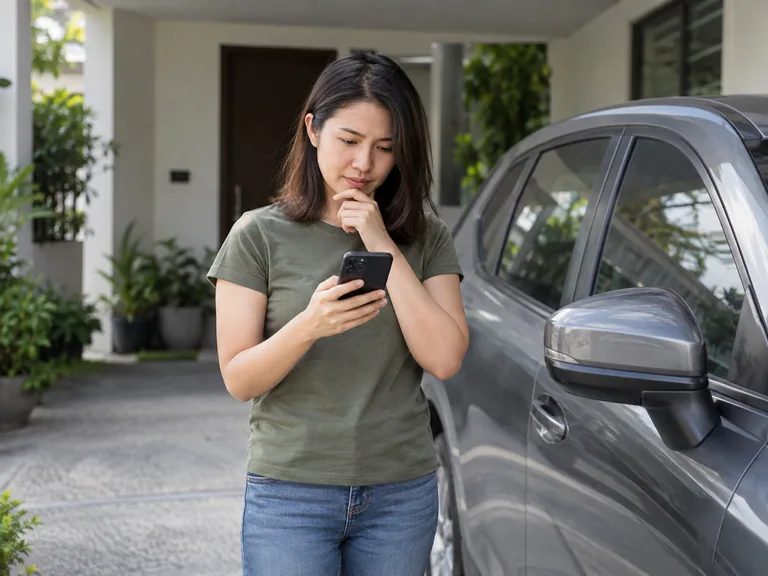 Pelanggan memegang telefon di sebelah kereta yang diparkir