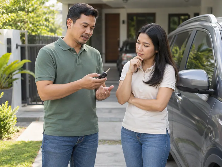 Dua pelanggan membincangkan kunci di tempat letak kereta kediaman