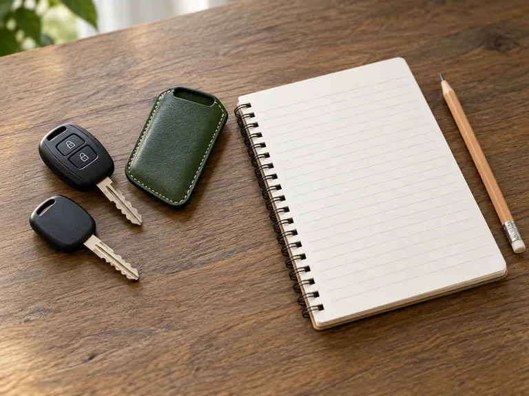 Kunci kereta dan kantung kosong pada buku catatan