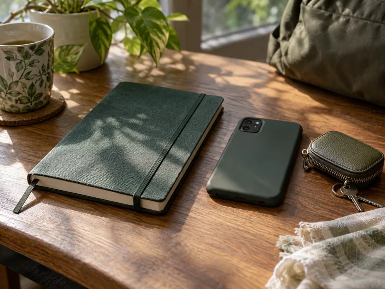 Buku tertutup, telefon menghadap bawah dan kantung kunci