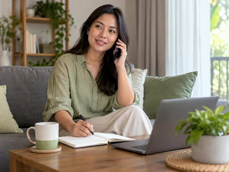 Pelanggan membuat pertanyaan telefon dengan buku catatan di rumah