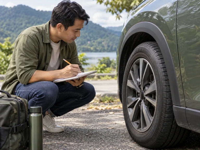 Roda kereta yang diparkir dengan catatan pelanggan di hadapan
